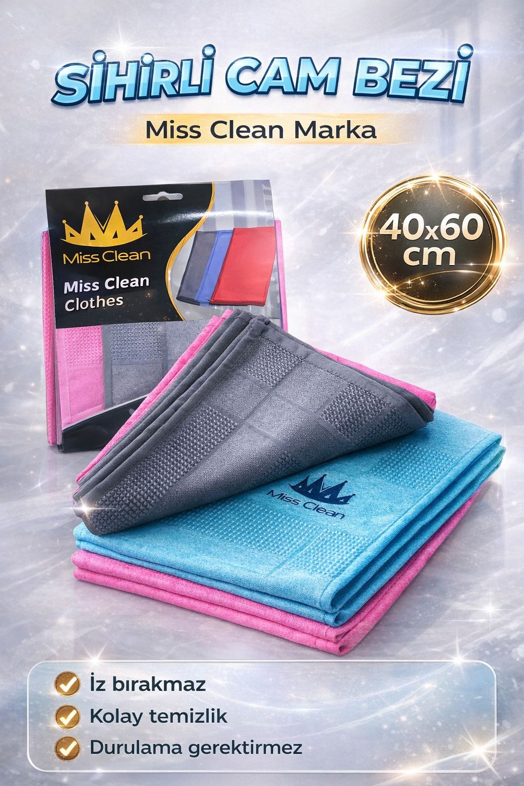 MİSS CLEAN  MİKROFİBER CAM BEZİ 3 LÜ  (40x60 )